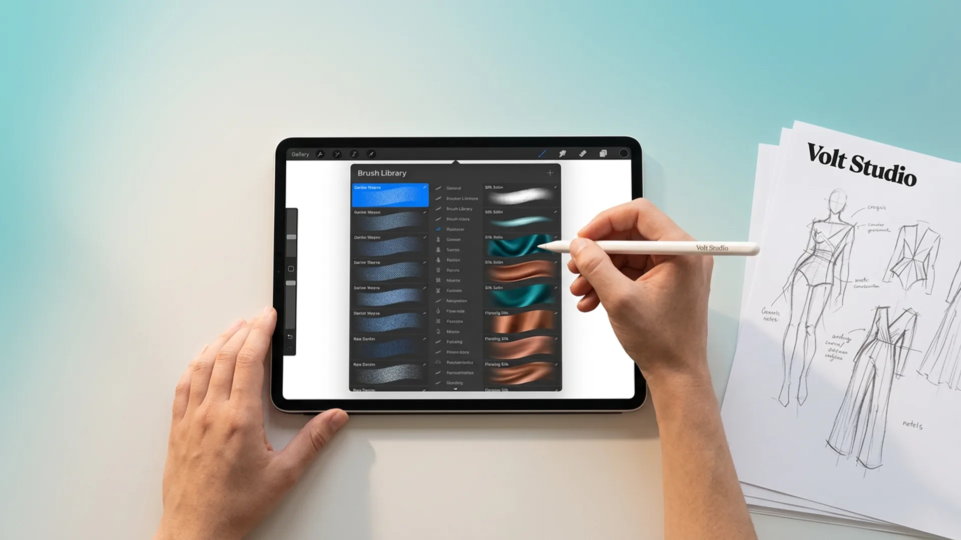 Fashion design brushes laid out on a warm-neutral surface