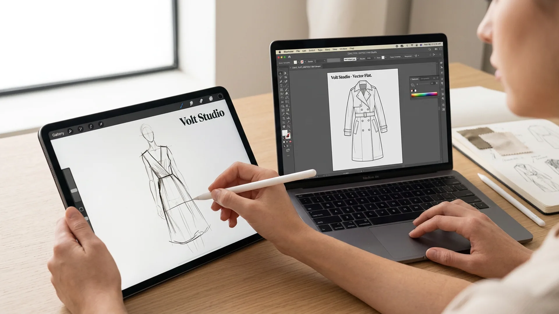 Fashion designer working in Procreate with brush library visible